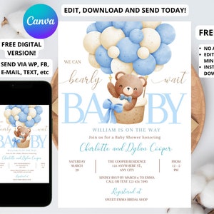 Invito per baby shower a tema mongolfiera con orsetto modificabile, modello di invito We Can Bearly Wait, download immediato, tema orsetto