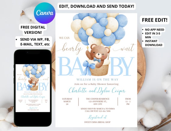 Editable Teddy Bear Hot Air Balloon Bear Theme Baby Shower Invitation We Can Bearly Wait Invites Template Instant Download, Baby Bear themed