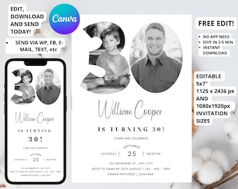 30th Invitation with photo, Look Who's 30, 30th Birthday Invitation Template, Simple 30th Invitation, Male 30th Invites, Editable, Printable