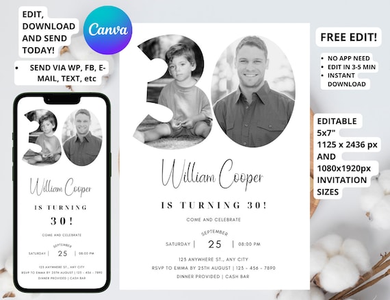 30th Invitation with photo, Look Who's 30, 30th Birthday Invitation Template, Simple 30th Invitation, Male 30th Invites, Editable, Printable
