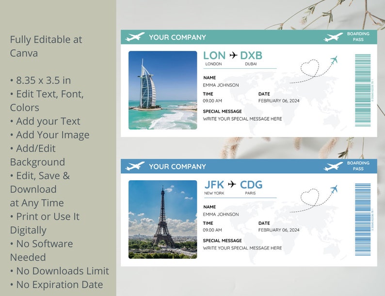 Editable Boarding Pass Canva Template, Printable Airline Ticket ...