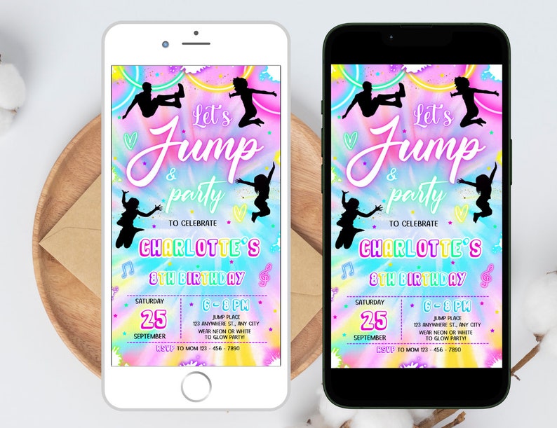 Editable Jump Birthday Party Invitation Tie Dye Jump Birthday Party Glow Jump Trampoline Party Let's Jump Party Instant Editable File Girl 6 image 6