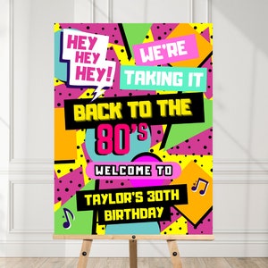 Letrero de bienvenida a fiesta de los 80 editable, regreso a los 80, fiesta retro, fiesta en casa, cumpleaños, tema de los 80, imprimible, letrero de bienvenida retro JE909