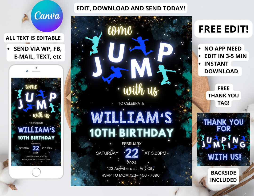 EDITABLE Trampoline Park Birthday Invitation, Trampoline Invitation ...