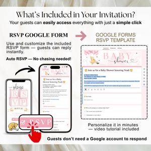 Pu&ograve; includere: Un design di invito con il testo "What's Included in Your Invitation?" e "RSVP GOOGLE FORM". L'immagine mostra lo schermo di un telefono con un invito a un baby shower e un modello RSVP di Google Forms. Il testo dice "Baby Shower" e "Join us for a Baby Shower honoring Noah".