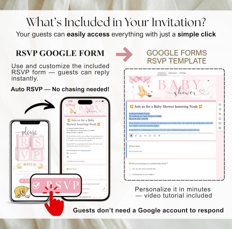 Pu&ograve; includere: Un design di invito con il testo "What's Included in Your Invitation?" e "RSVP GOOGLE FORM". L'immagine mostra lo schermo di un telefono con un invito a un baby shower e un modello RSVP di Google Forms. Il testo dice "Baby Shower" e "Join us for a Baby Shower honoring Noah".