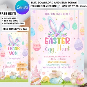 Easter Egg Hunt Invitation, Bunny Invitation, Easter Invitation, Easter Egg thank you tag, Easter Egg Editable Template