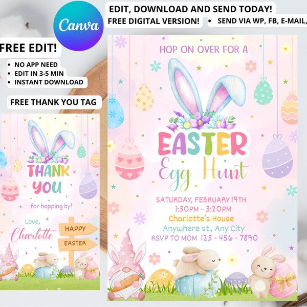 Easter Egg Hunt Invitation, Bunny Invitation, Easter Invitation, Easter Egg thank you tag, Easter Egg Editable Template