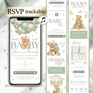 May include: A smartphone displays a baby shower invitation with a teddy bear theme. The invitation includes text, "bearly wait BABY, Oliver is on the way!" and RSVP information. Additional panels feature baby-related graphics and text.