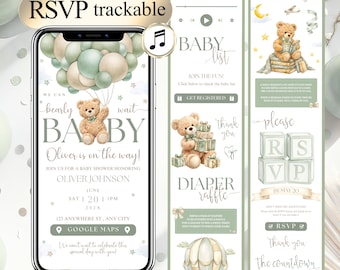 Baby Shower Invitation Template Boy Girl Teddy Bear Editable Digital Invite with Online RSVP, Digital Invitation Baby Shower Sage Green JE92