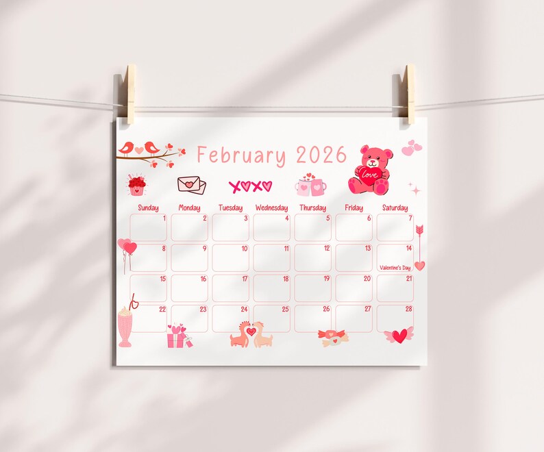 May include: A white Valentine's Day themed calendar for February 2026, hanging from a string with wooden clips. The calendar features pink illustrations of hearts, teddy bears, and cupcakes. The days of the week are listed, with Valentine's Day marked on the 14th.