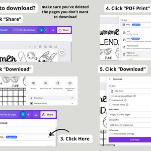 May include: A step-by-step guide on how to download a digital design from a website. The guide shows how to share, download, and print a design in PDF format. The design is a black and white illustration of a summer calendar with the word "Summer" written in cursive.