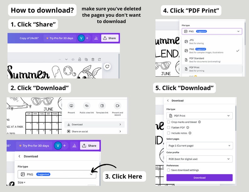 May include: A step-by-step guide on how to download a digital design from a website. The guide shows how to share, download, and print a design in PDF format. The design is a black and white illustration of a summer calendar with the word "Summer" written in cursive.