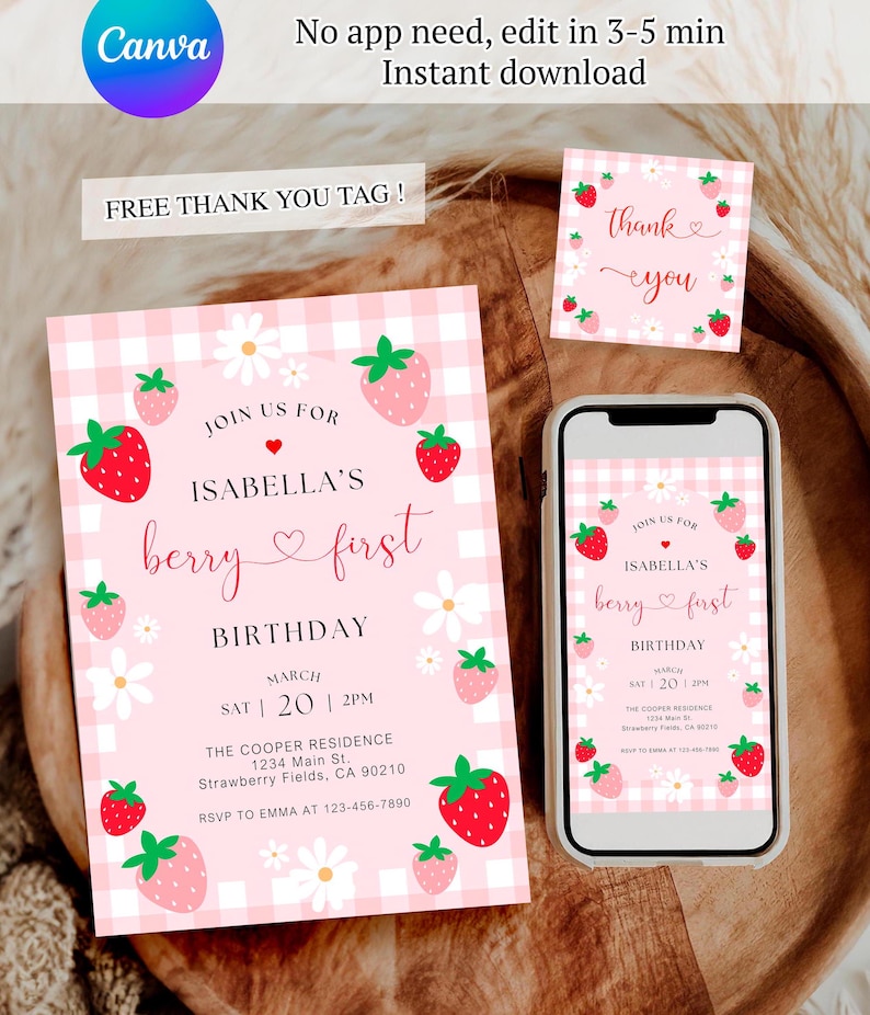 Berry First Birthday Invitation, Editable 1st Birthday Girl Invite, Printable Strawberry First Birthday Girl Invitation Template JEFF19 image 1
