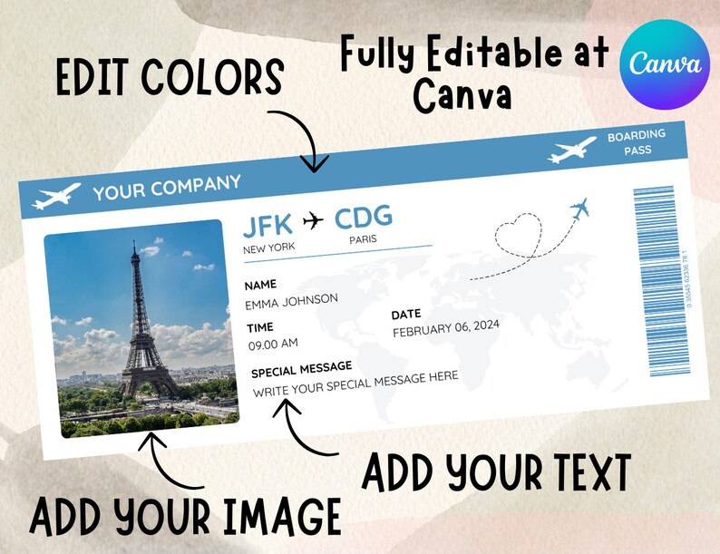 Editable Boarding Pass Canva Template, Printable Airline Ticket ...