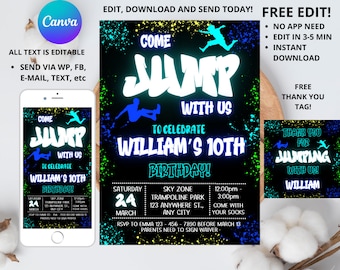 Invitación a fiesta de cumpleaños en parque de trampolines, invitación a parque de trampolines, invitación a fiesta de cumpleaños con saltos, descarga instantánea imprimible de parque de trampolines