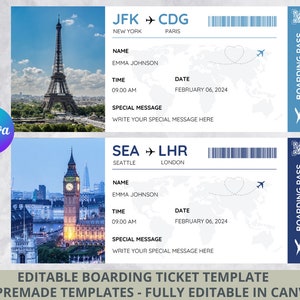 Modèle modifiable sur toile de carte d'embarquement, billet d'avion imprimable, voyage surprise carte d'embarquement, billet d'embarquement bricolage en téléchargement numérique 2344