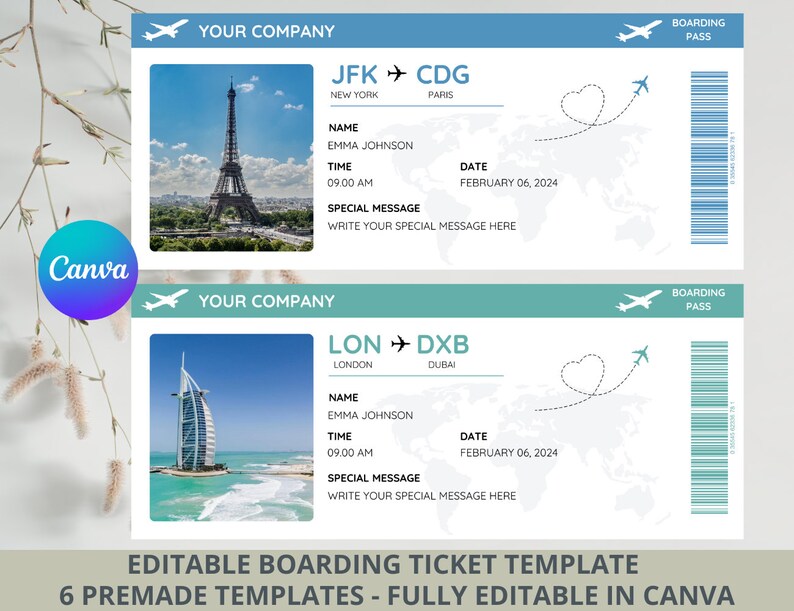 Editable Boarding Pass Canva Template, Printable Airline Ticket ...