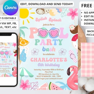 Editable Pool Party Invitation Tropical Splish Splash Girly Pool Party Invitation Summer Swimming Pool Splash Pad Party Instant Download 598