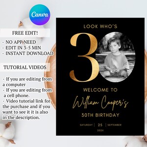 May include: A black and gold printable birthday invitation with a photo of a young boy. The invitation says "Look Who's 30! Welcome to William Cooper's 30th Birthday" and includes the date "Saturday, 25 September 202X".