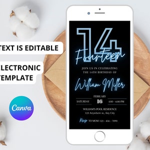 Sjabloon tiener jongen verjaardagsuitnodiging, 14e verjaardagsfeestje uitnodigen bewerkbare sjabloon, aanpasbare Party Evite, digitale download Mockup JEF90
