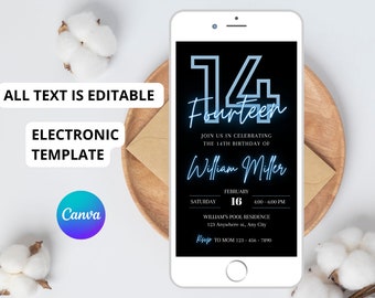 Teen Boy Birthday Invitation Template, 14th Birthday Party Invite Editable Template, customizable Party Evite, Digital Download Mockup JEF90