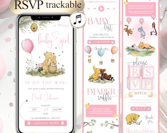 Winnie The Pooh Baby Shower Girl Invite Winnie Baby Shower Digital Invitation Template Editable RSVP Baby Shower Teddy Bear Canva Winnie J36