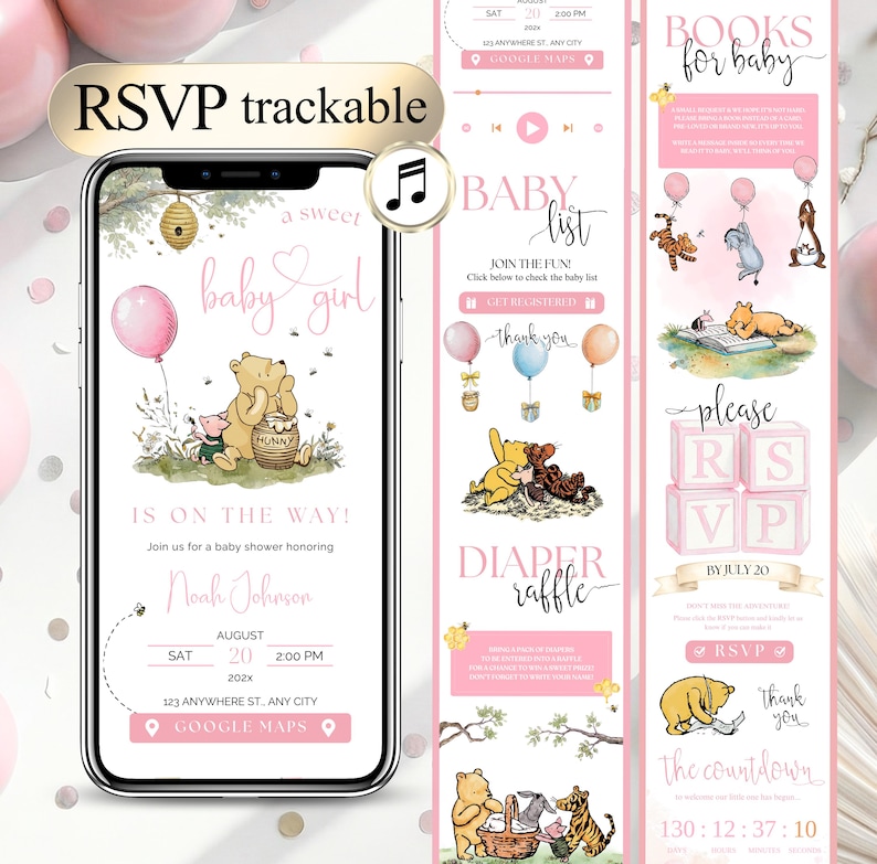 Invito per baby shower a tema Winnie the Pooh per bambina, modello di invito digitale per baby shower a tema Winnie, modificabile, RSVP, baby shower con orsacchiotto, Canva Winnie J36 immagine 1