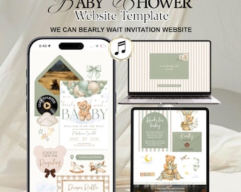Teddy Bear Ballon Invite We Can Bearly Wait Sage Green Baby Shower Website Template With RSVP Invitation | Editable Canva Digital Evite