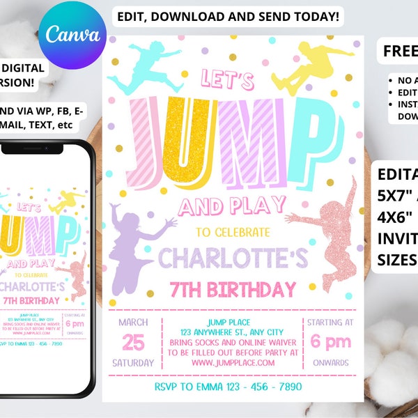 Jump Invitation Editable Jump Birthday Invite Trampoline Party Bounce House Jump Party Let's Jump Girl Editable Printable Download, 5x7, 4x6