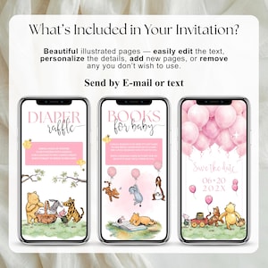 Pu&ograve; includere: Tre schermi di smartphone che mostrano modelli di inviti per baby shower. I modelli includono una lotteria di pannolini, libri per bambini e un annuncio di salvataggio della data. Ogni modello presenta illustrazioni dei personaggi di Winnie the Pooh e accenti rosa.