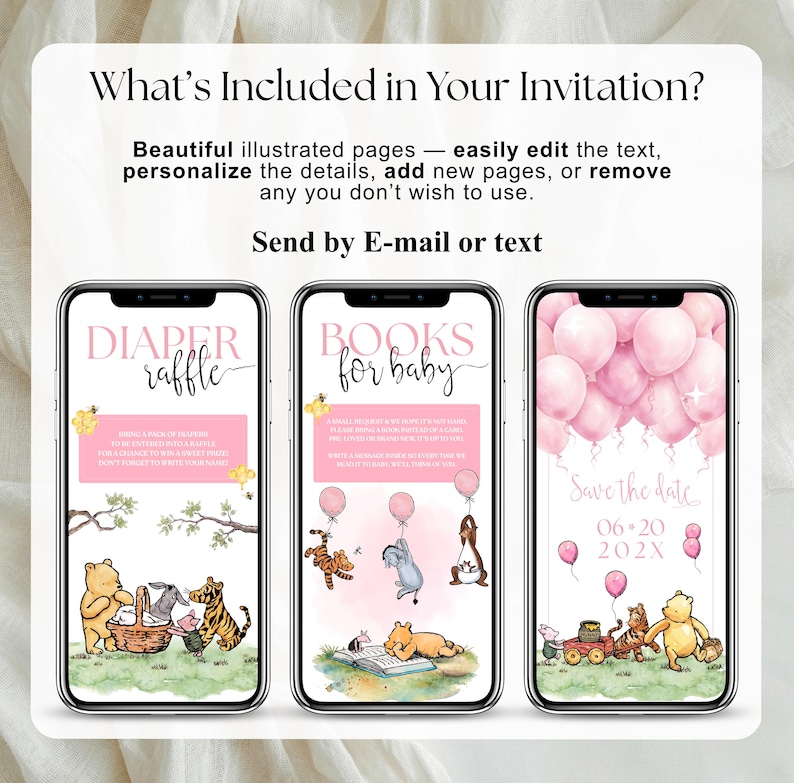 Pu&ograve; includere: Tre schermi di smartphone che mostrano modelli di inviti per baby shower. I modelli includono una lotteria di pannolini, libri per bambini e un annuncio di salvataggio della data. Ogni modello presenta illustrazioni dei personaggi di Winnie the Pooh e accenti rosa.