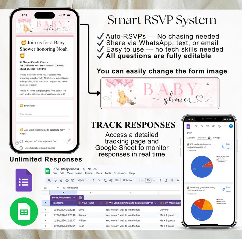 Pu&ograve; includere: Uno schermo di telefono cellulare mostra un invito a un baby shower con la scritta "Baby Shower" e una grafica di un orsacchiotto. L'immagine mostra anche un sistema RSVP intelligente con funzioni come RSVP automatici e monitoraggio delle risposte in tempo reale.