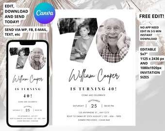 70th Invitation with photo, Look Who's 70, 70th Birthday Invitation Template, Simple 70th Invitation, Male 70th Invites, Editable, Printable