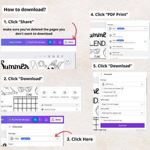 May include: A step-by-step guide on how to download a digital printable. The image shows a computer screen with a digital planner open. The planner has a summer theme with a calendar, a list of tasks, and a cute illustration of a fish. The instructions are numbered and include clicking "Share", "Download", and "PDF Print".