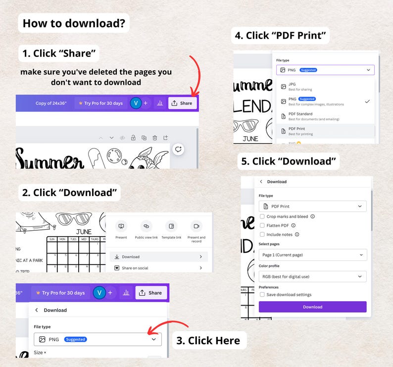 May include: A step-by-step guide on how to download a digital printable. The image shows a computer screen with a digital planner open. The planner has a summer theme with a calendar, a list of tasks, and a cute illustration of a fish. The instructions are numbered and include clicking "Share", "Download", and "PDF Print".