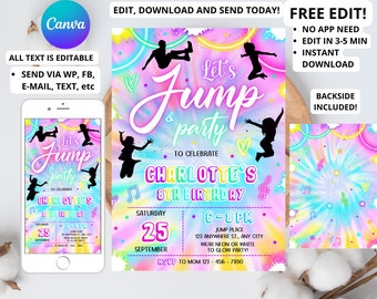 Editable Jump Birthday Party Invitation Tie Dye Jump Birthday Party Glow Jump Trampoline Party Let's Jump Party Instant Editable File Girl 6