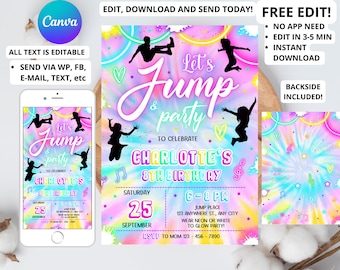 Editable Jump Birthday Party Invitation Tie Dye Jump Birthday Party Glow Jump Trampoline Party Let's Jump Party Instant Editable File Girl 6