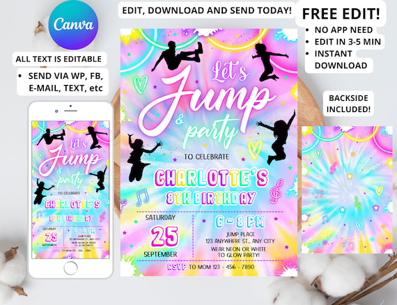 Editable Jump Birthday Party Invitation Tie Dye Jump Birthday Party Glow Jump Trampoline Party Let's Jump Party Instant Editable File Girl 6