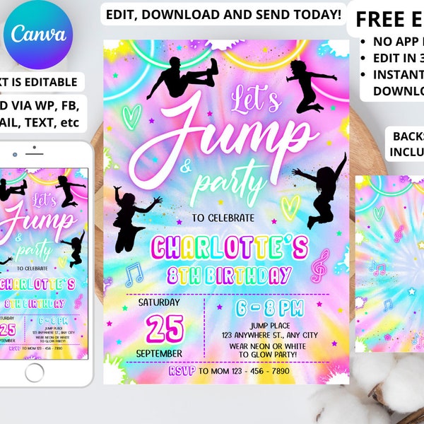 Editable Jump Birthday Party Invitation Tie Dye Jump Birthday Party Glow Jump Trampoline Party Let's Jump Party Instant Editable File Girl 6