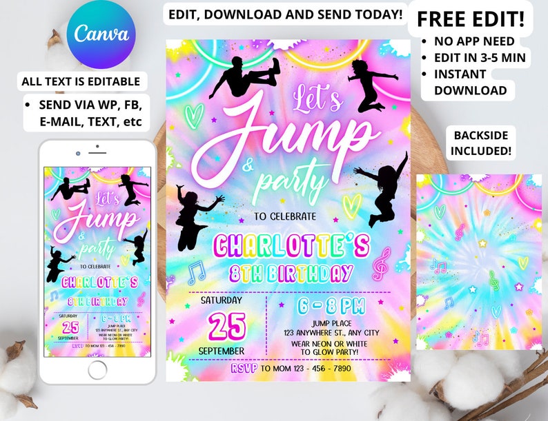 Editable Jump Birthday Party Invitation Tie Dye Jump Birthday Party Glow Jump Trampoline Party Let's Jump Party Instant Editable File Girl 6 image 1