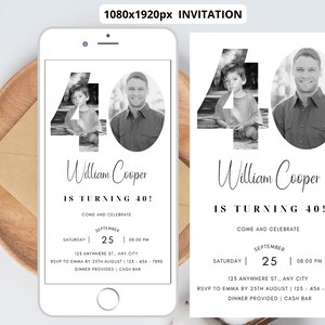 May include: Black and white birthday invitation for a 40th birthday party. The invitation features a photo of the birthday person and the text "William Cooper is turning 40! Come and celebrate. Saturday, September 25, 08:00 PM. 123 Anywhere St., Any City. RSVP to Emma by 25th August | 123-456-7890. Dinner provided | Cash bar."