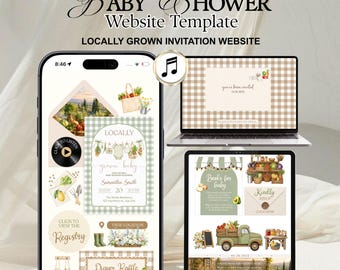 Digital Farmers Market Baby Shower Invite with RSVP & Registry, Locally Grown Baby Shower Invitation, Green Gingham Gardening Editable Canva