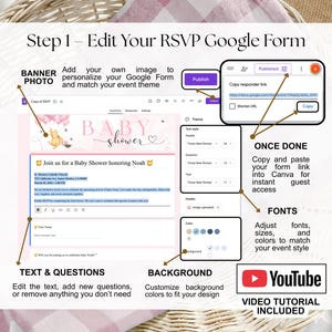 Pu&ograve; includere: Un modello digitale di invito a un baby shower con istruzioni. L'immagine mostra un modulo Google con testo e domande modificabili. Le istruzioni includono come personalizzare lo sfondo, i caratteri e i colori. &Egrave; incluso un tutorial video di YouTube.