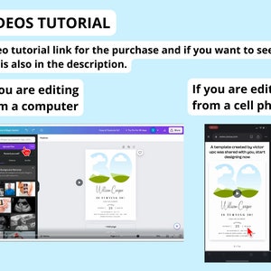 May include: A screenshot of a computer screen showing a video tutorial on how to edit a birthday invitation template on Canva. The video shows a birthday invitation template with a green background and a play button in the center. The text on the invitation says "William Cooper is turning 30!" and "25". The video tutorial is for editing the template from a computer or a cell phone.