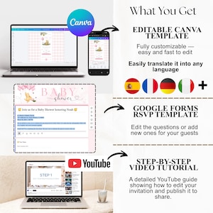 Pu&ograve; includere: Un modello digitale di invito a un baby shower visualizzato su un laptop, un telefono e un modello RSVP di Google Forms. L'immagine include un tutorial di YouTube e il logo Canva, che offre una facile personalizzazione e traduzione.