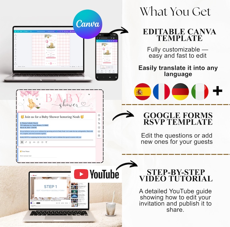 Pu&ograve; includere: Un modello digitale di invito a un baby shower visualizzato su un laptop, un telefono e un modello RSVP di Google Forms. L'immagine include un tutorial di YouTube e il logo Canva, che offre una facile personalizzazione e traduzione.