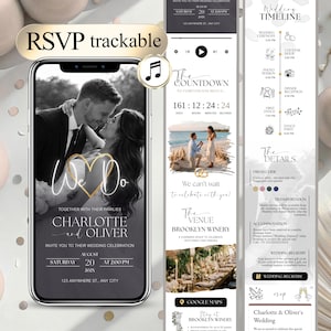Può includere: Uno smartphone mostra un invito di nozze con il testo "We Do" e i nomi Charlotte e Oliver. L'invito include data, ora e luogo. Pannelli aggiuntivi mostrano una timeline del matrimonio, dettagli e informazioni RSVP. Il design è elegante con una foto in bianco e nero.