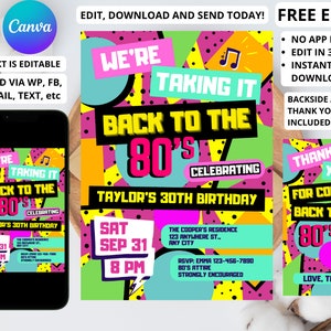May include: A digital invitation for a 30th birthday party with a 1980s theme. The invitation features a colourful geometric design with the text "We're Taking It Back to the 80's Celebrating Taylor's 30th Birthday". The invitation also includes the date and time of the party, the location, and an RSVP contact.