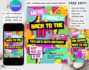 Editable 80s Party Invitation, Back to the 80s, Throwback Party, House Party, Birthday Invitation, 80s Theme, Printable or Digital Invite J9